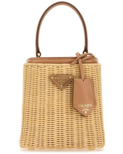 Prada Two-Tone Wicker And Leather Bucket Bag - Natural