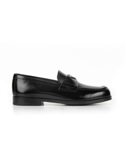 Prada Brushed Leather Loafers With Logo - Black