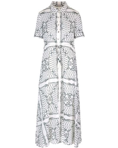 Tory Burch Allover Graphic Printed Short Sleeved Dress - White
