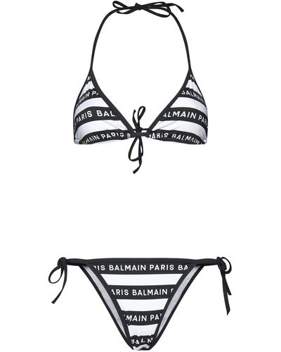 Balmain Logo-tape Striped Bikini - White