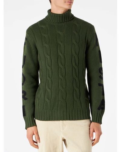 Mc2 Saint Barth Turtleneck Braided Sweater With Fuori Pista Print - Green