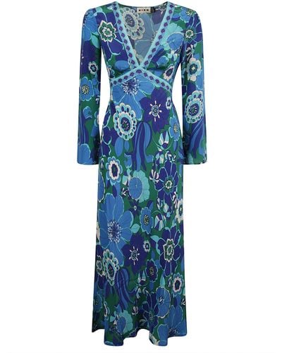 RIXO London V-Neck Floral Print Long Dress - Blue