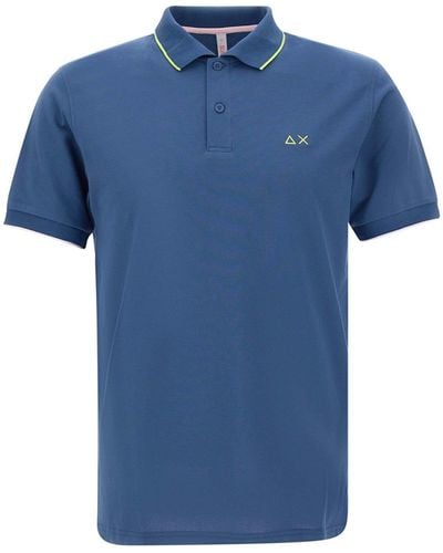 Sun 68 Small Stripe Cotton Polo Shirt - Blue