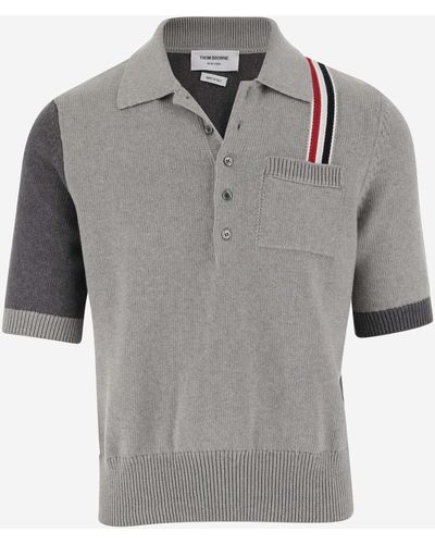 Thom Browne Cotton Polo Shirt With Tricolor Detail - Gray