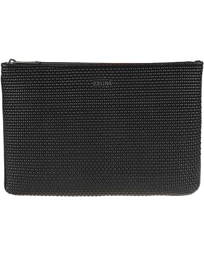 Zegna Logo Plaque Woven Zipped Pouch - Black