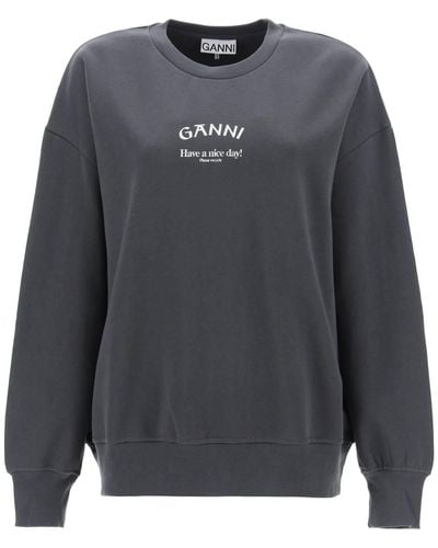 Ganni Oversized Sweatshirt With Logo Print - Gray