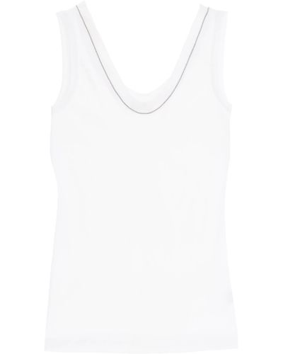Brunello Cucinelli Ribbed Tank Top With Shiny Collar - White