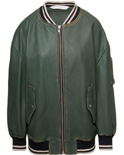 Palm Angels Sunset Leather Bomber Jacket - Green