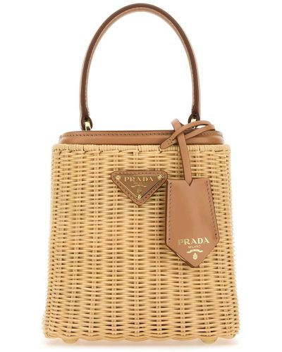 Prada Two-Tone Wicker And Leather Bucket Bag - Natural