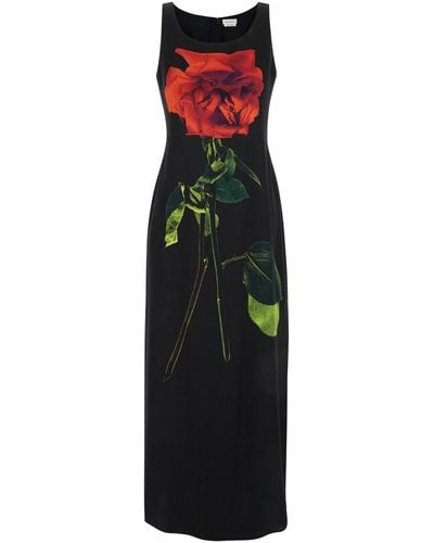 Alexander McQueen Long Dress With Shadow Rose Print - Black