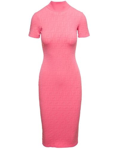 Fendi Midi Fuchsia Dress With All-over Ff Jacquard Motif In Viscosa Blend - Pink