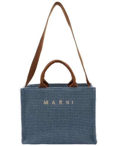 Marni Logo Embroidered Woven Tote Bags - Blue