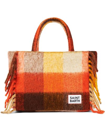 Mc2 Saint Barth Vanity Blanket Shoulder Bag With Check And Fringes - Orange