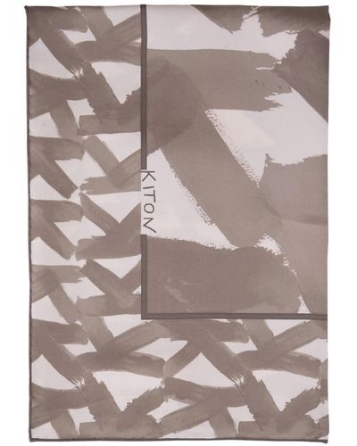 Kiton Taupe Printed Silk Scarf - Gray