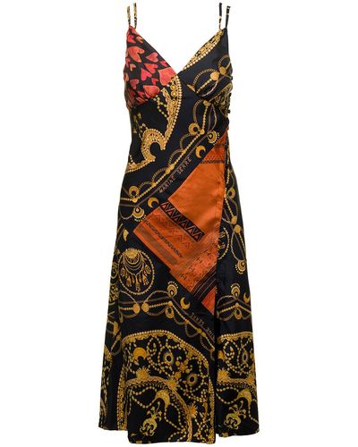 Marine Serre Midi Dress With Double Straps And Ornament Jewelry Print In Silk - Multicolor