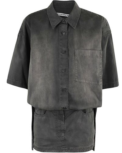 Alexander Wang Short Sleeve Prestyled Mini Shirt Dress - Gray