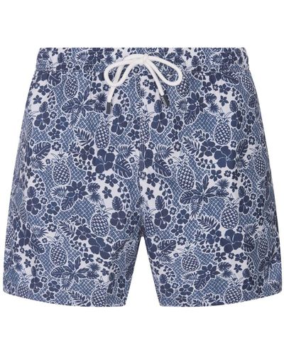 Fedeli Dark Swim Shorts With Tropical Pattern - Blue