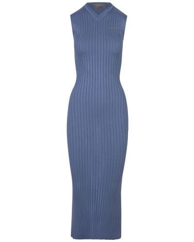 Marni Light Long Sleeveless Ribbed Knit Dress - Blue