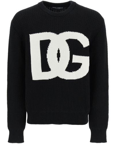 Dolce & Gabbana Crewneck Pullover With Jacquard Logo - Black