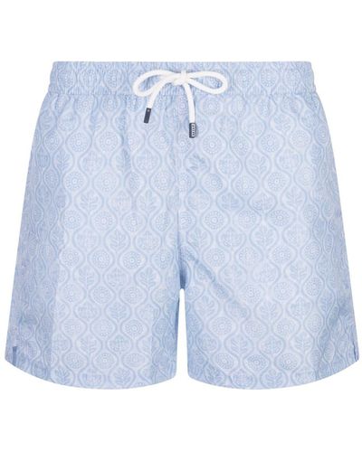 Fedeli Light Swim Shorts With Flower And Leaf Pattern - Blue