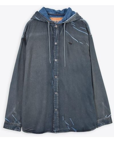 DIESEL D-Dewny-Hood-S1 Denim Hooded Shirt With Coating Detail - Blue