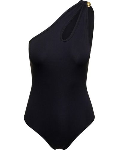 Bottega Veneta Black Mono-shoulder Swimsuit With Golden Detail In Polyamide Woman - Blue