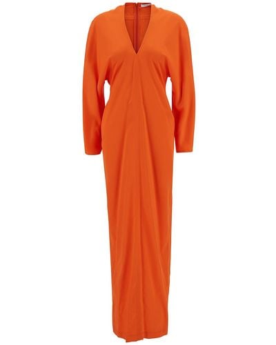 Ferragamo Long Orange Dress With Kimono Sleeves In Stretch Viscose Woman