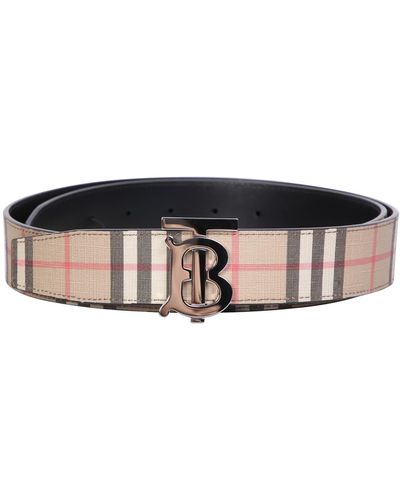 Burberry Check And Leather Belt - Natural