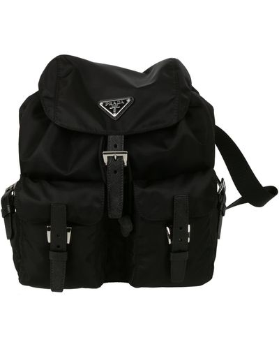 Prada Triangle Logo Patched Buckled Backpack - Black