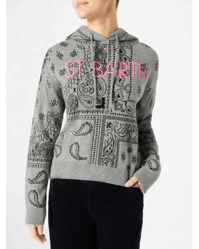 Mc2 Saint Barth Cropped Knit Hoodie With Bandanna Print - Gray