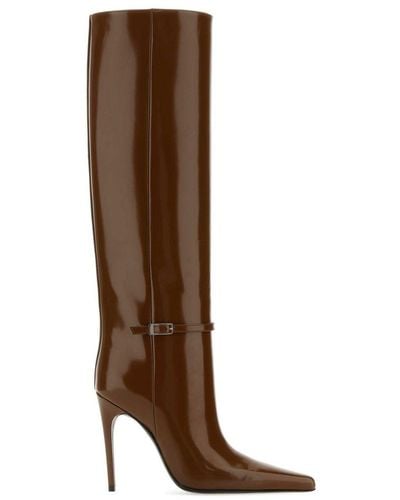Saint Laurent Vendôme Buckled Glossed-leather Knee Boots - Brown