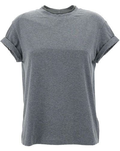 Brunello Cucinelli Crewn Neck T-Shirt With Pearls - Gray