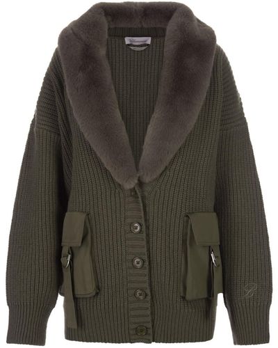 Blumarine Military Maxi Cardigan With Faux Fur On Neckline - Gray