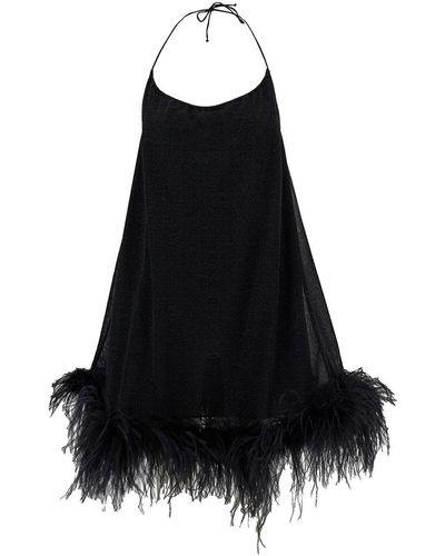 Oséree Mini Black Dress With Halterneck And Feathers In Polyamide Blend Woman