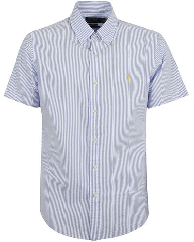 Ralph Lauren Short-Sleeved Logo Embroidered Stripe Shirt - Blue