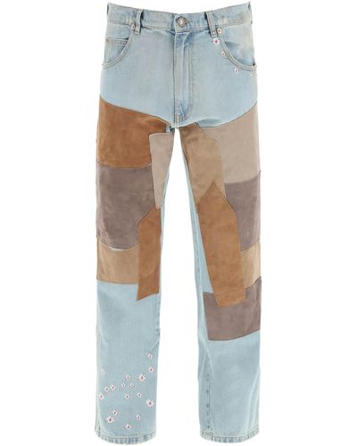 ERL Patchwork Jeans With Suede Inserts - Blue