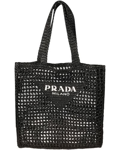 Prada Logo Detail Raffia Shopper Bag - Black