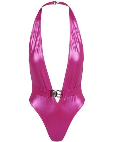 Dolce & Gabbana Logo-Plaque Glossy-Finish Swimsuit - Pink