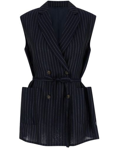 Brunello Cucinelli Striped Vest With Belt - Blue