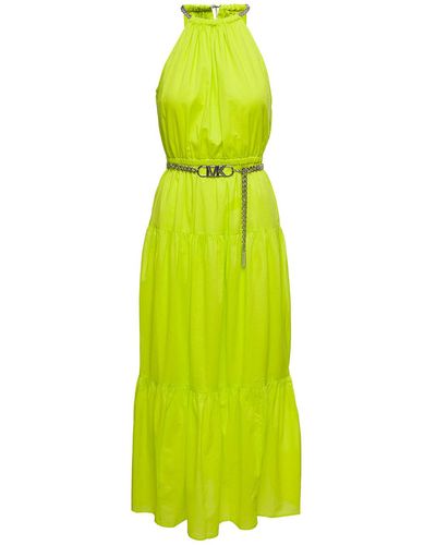MICHAEL Michael Kors Neon Halter Neck Maxi Dress With Chain Belt With Logo In Cotton - Green