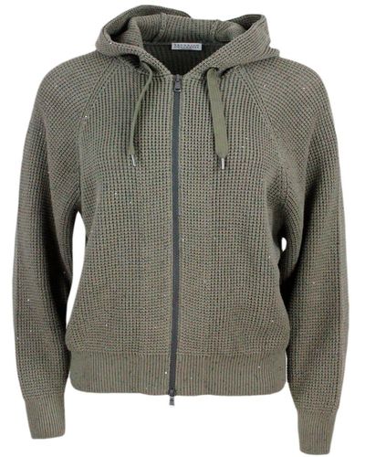 Brunello Cucinelli Long-sleeved Cardigan Sweater With Hood In Cotton With Half English Rib Knit Embellished With Micro Sequins - Green