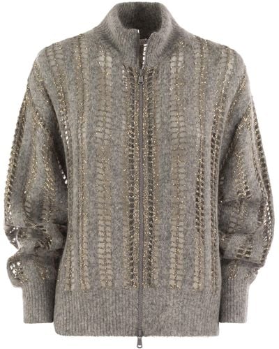 Brunello Cucinelli Wool And Mohair Cardigan With Mesh Workmanship - Gray