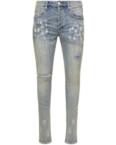 Purple Brand Light E Five Pockets Skinny Jeans With Paint Stains In Cotton Denim Man - Blue