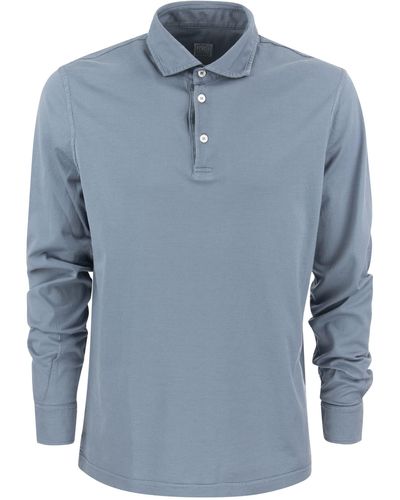 Fedeli Long-Sleeved Cotton Polo Shirt - Blue