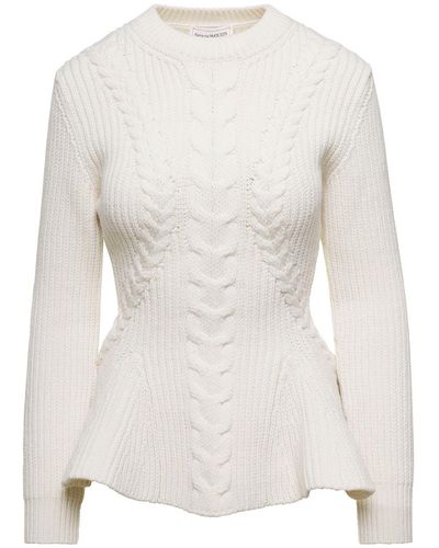 Alexander McQueen Cable-knit Peplum Wool-blend Sweater - White