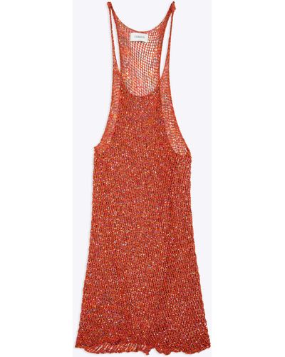 Laneus Pailletes Tank Orange Net Knitted Short Dress With Sequins - Red