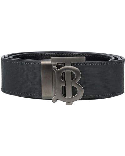 Burberry Check And Leather Reversible Tb Belt - Black