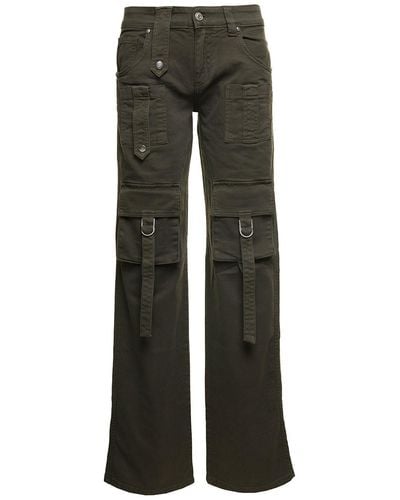 Blumarine Military Green Cargo Jeans With Buckles And Branded Button In Stretch Cotton Denim Woman - Gray