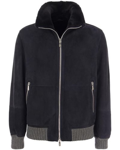Brunello Cucinelli Sheepskin Bomber Jacket With Wool Details - Black