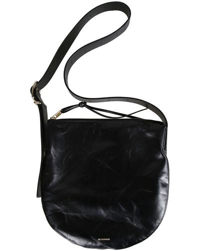 Jil Sander Logo Detailed Small Moon Shoulder Bag - Black